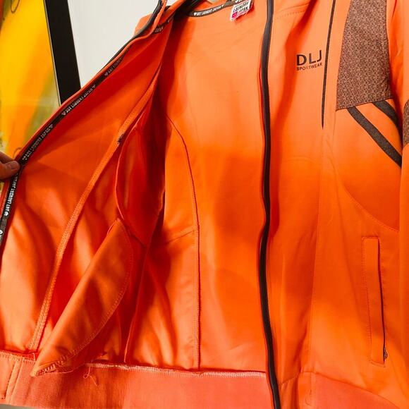 DLJ Sportswear Fluorescent Orange Zip Up Hooded Two Pocket Track Jacket Size L - Picture 4 of 13